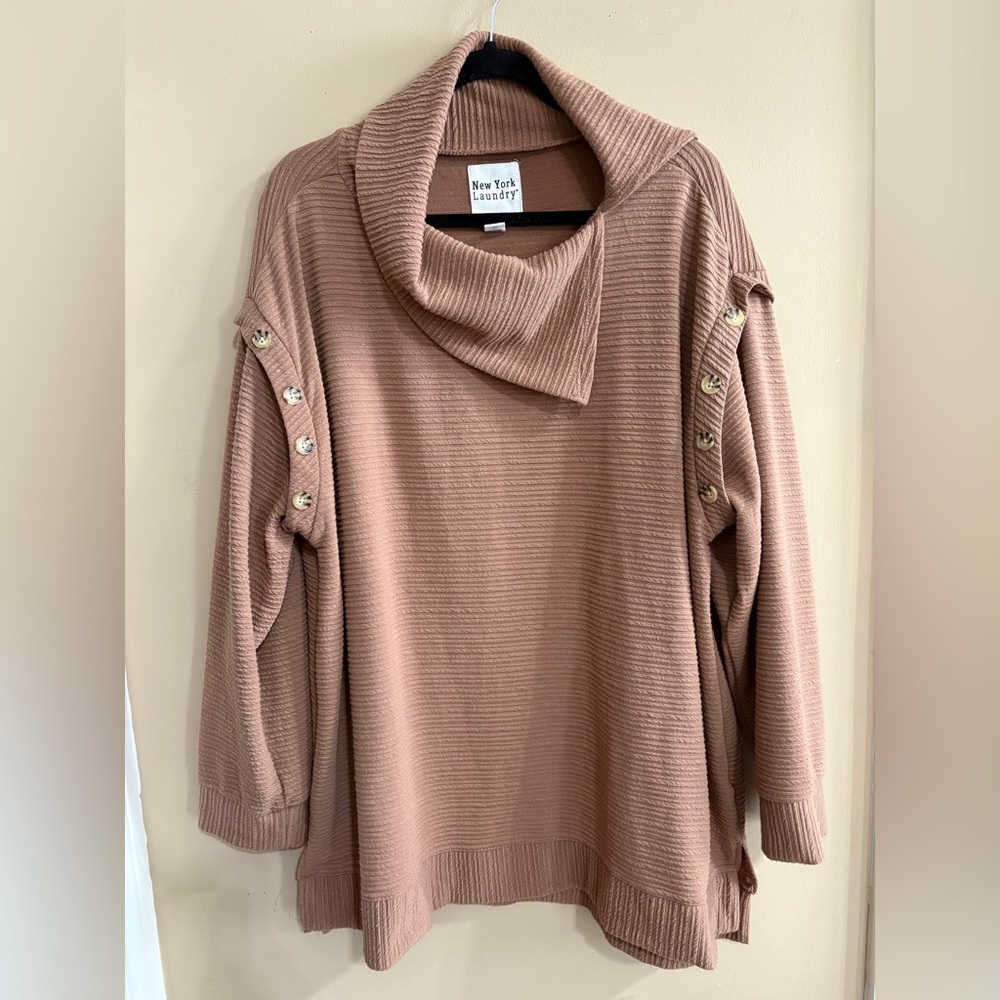 Split Cowl Neck Ribbed Tunic with Button Detail 3X